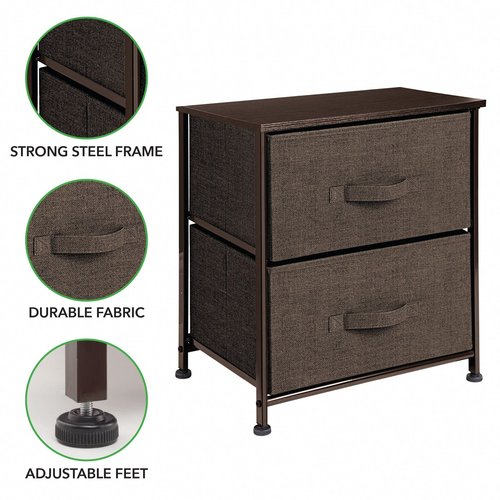 mDesign Small Storage Dresser End/Side Table Night Stand with 2 Removable Fabric Drawers - Organizer for Bedroom, Living Room, Closet - Hold Clothes, Linens, Accessories, Lido Collection, Dark Brown
