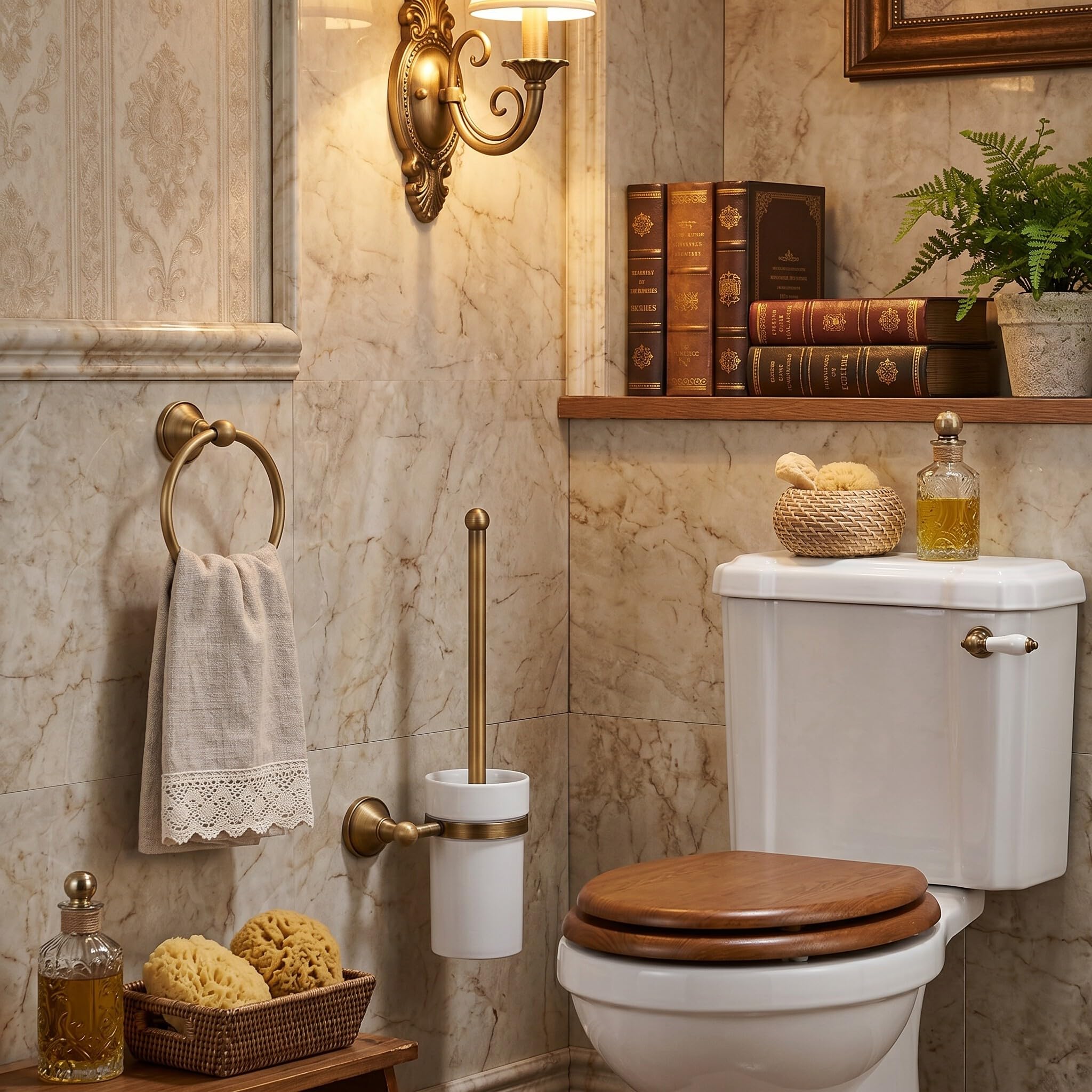 Elegant European Antique Bronze Toilet Brush Holder Set, Wall Mounted Brass Bathroom Accessories Set (Golden)