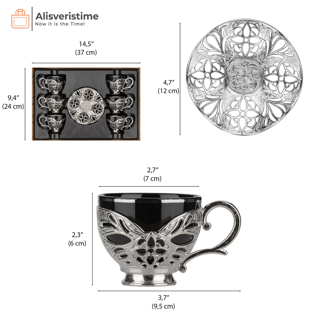 Alisveristime Turkish Coffee Set for Six, 6 Black Porcelain Cups with Gilded Rims, Zamac Holders and Saucers, Two Color Variations: Gold and Silver (Gilded-Design) (Silver)