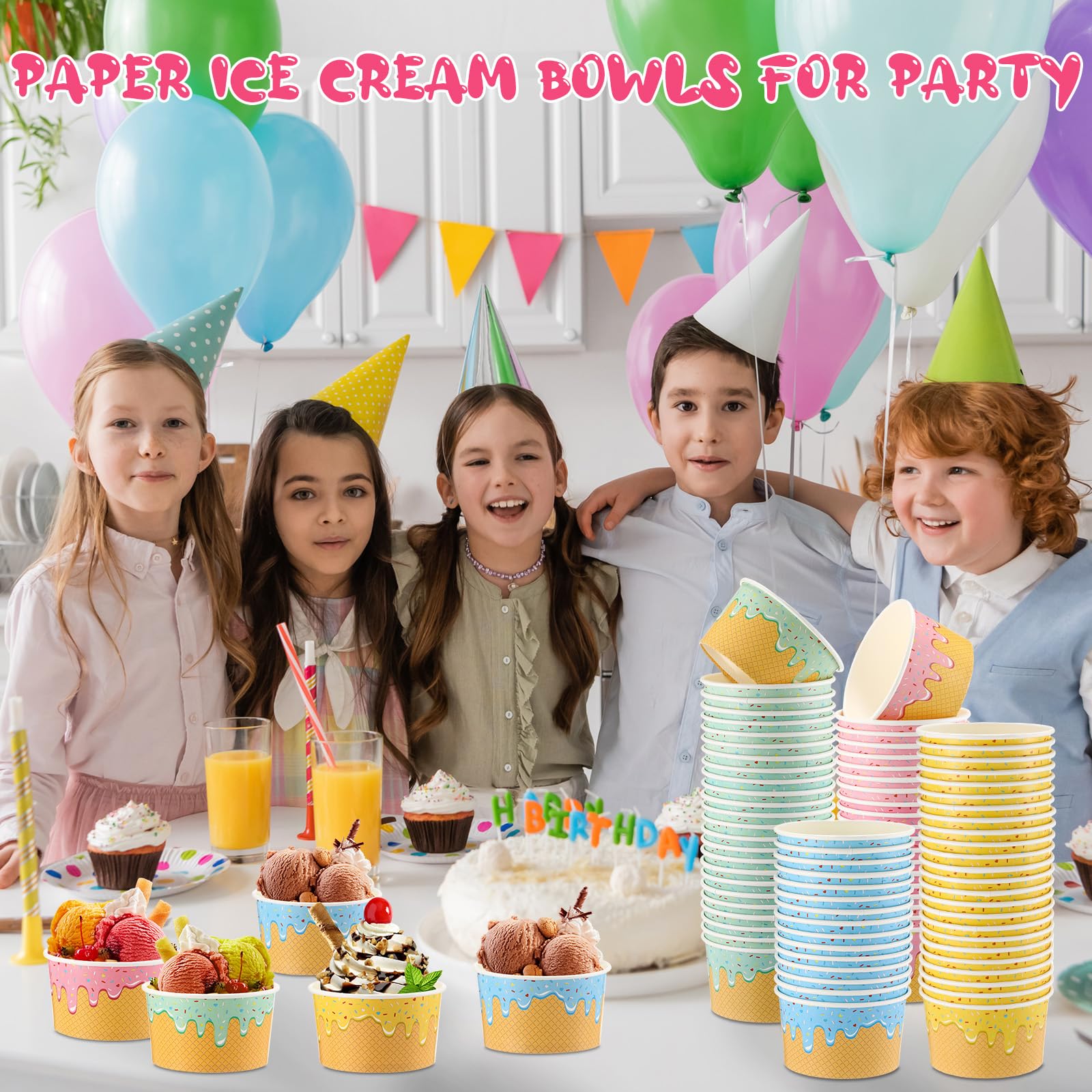 Ninehaoou 100 Pcs Ice Cream Cups Bulk Paper Disposable Dessert Bowls Ice Cream Bowls Paper Dessert Cups Sundae Soup Yogurt Cold or Hot Food Party Supplies for Summer Party Decoration (8 oz)