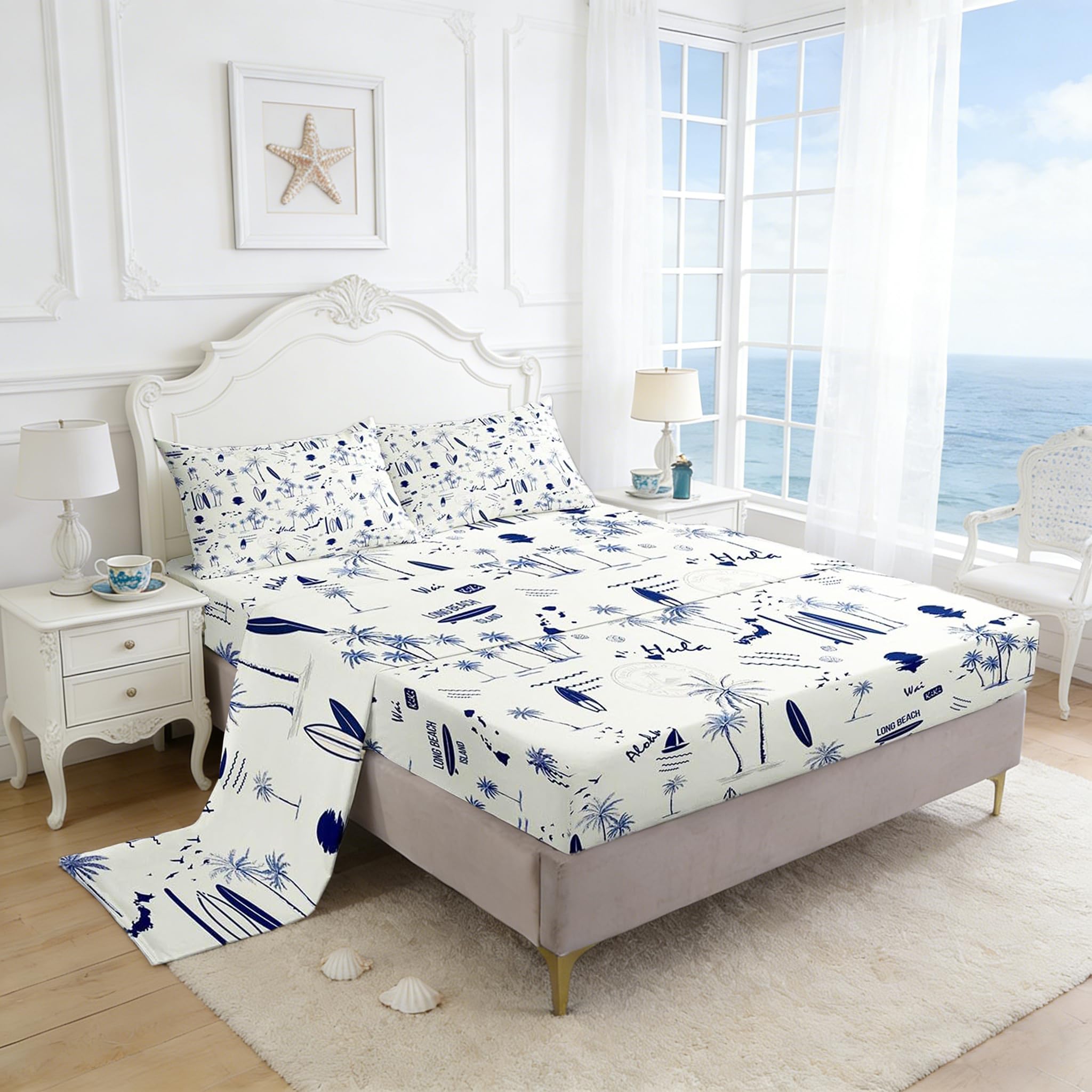 Coastal Beach Sheet Set King Size,Surfboard Sailboat Palm Tree Bedding Set 4Pcs for Kids Girls Boys Teens Room Decor Summer Ocean Life Bed Sheet Navy Blue White Fitted + Flat Sheet,2 Pillowcases