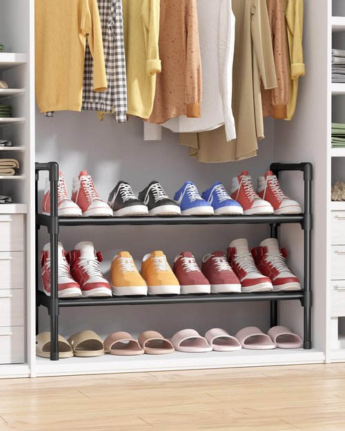 Kitsure Shoe Rack for Closet - Expandable Shoe Rack for Entrance, Rustproof Shoe Organizer for Entryway with Portable Handles, Black, 17.3″~30.2″L x 16.3″H