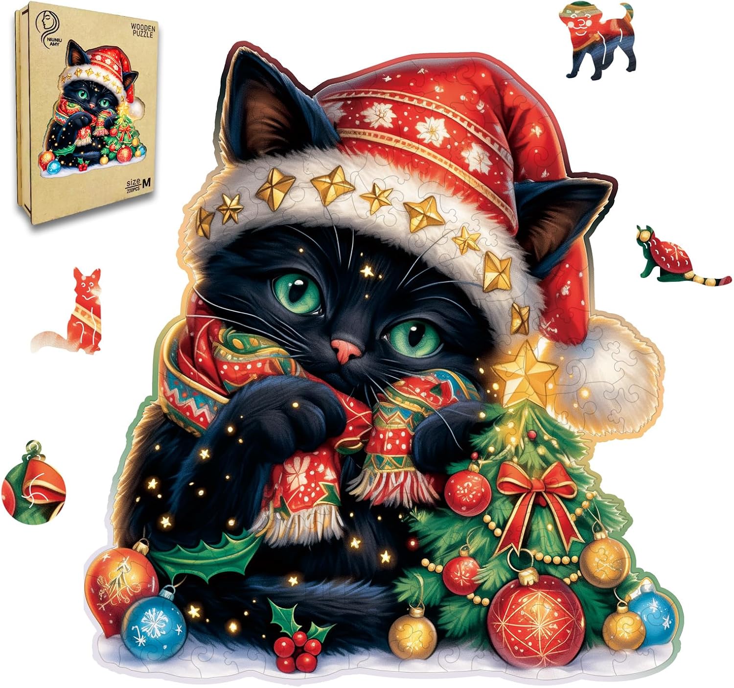 Skiennix Wooden Jigsaw Puzzle - Unique 200-Piece Christmas Cat Design | 11 x 11 Inch Challenge for Adults