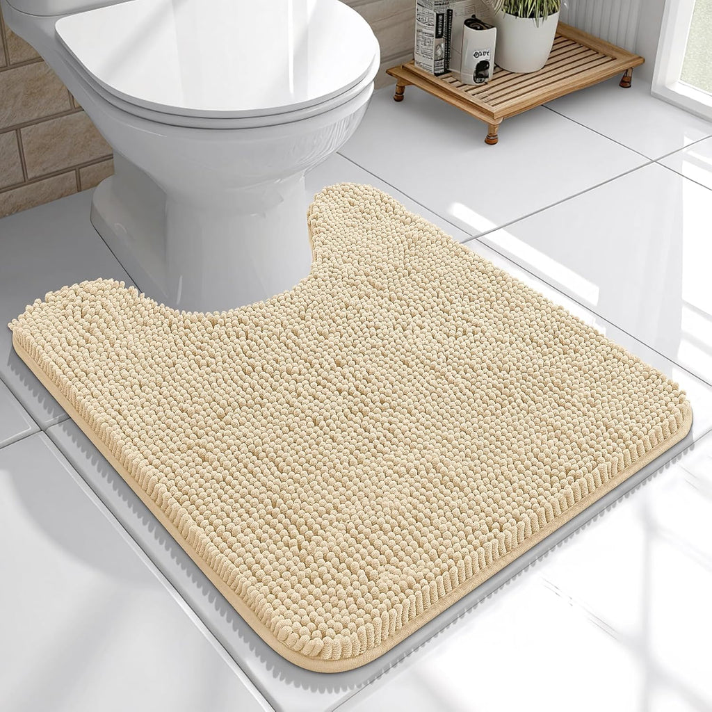 OLANLY U-Shaped Toilet Rugs - Extra Soft Absorbent Chenille Bath Mat, 20x20, Beige, Machine Washable