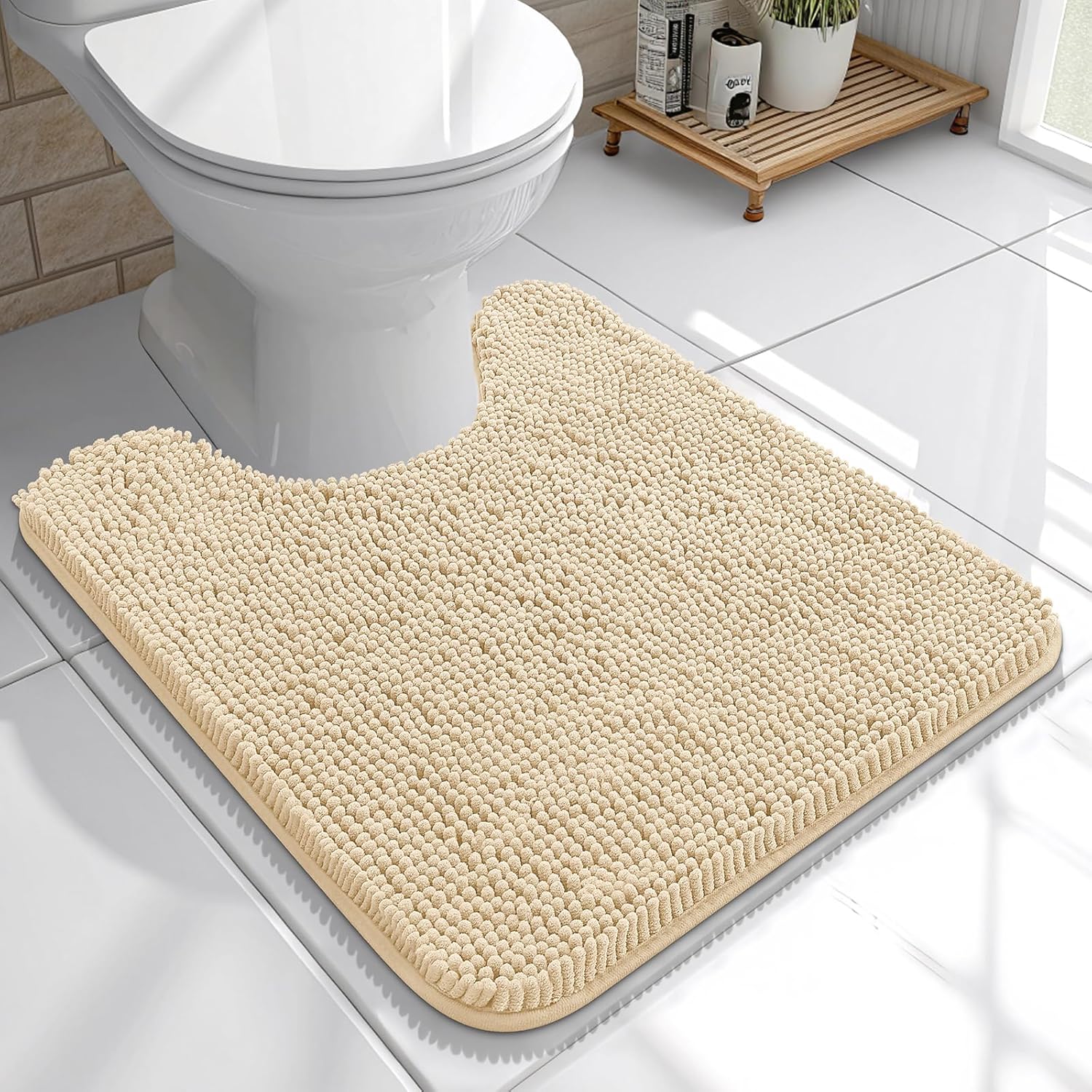 OLANLY U-Shaped Toilet Rugs - Extra Soft Absorbent Chenille Bath Mat, 20x20, Beige, Machine Washable