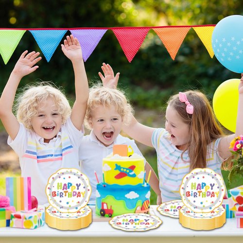LDFDRT 7inch White and Gold Happy Birthday Paper Plates 50 pcs Party Decorations Rainbow Cake Dessert Plates Disposable Dinnerware Tableware for Birthday Party Supplies