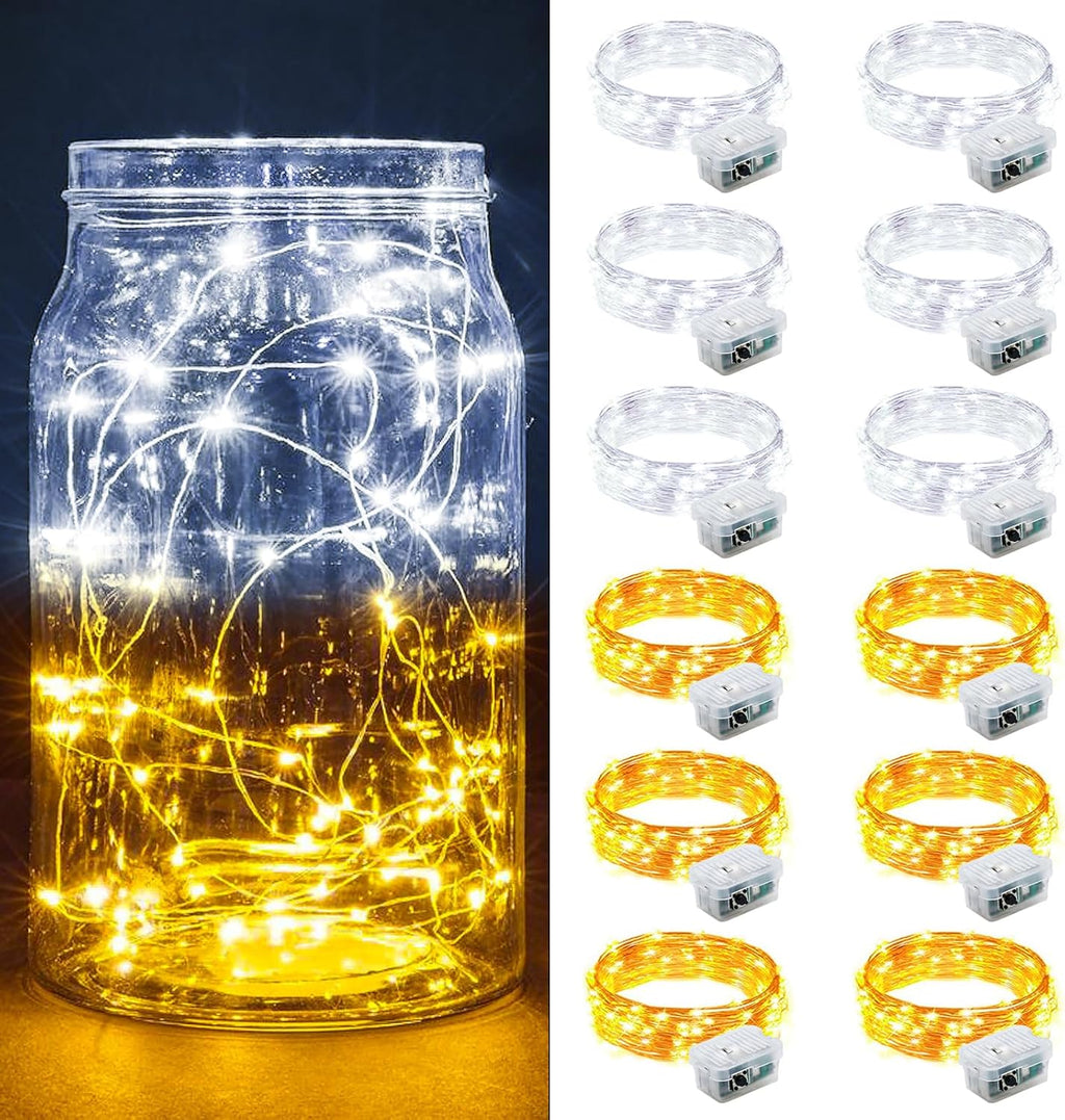 Skiennix 12 Pack Fairy Lights - 7Ft 20 LED Twinkle String Lights | Waterproof & Battery Operated for Weddings, Parties & Decor - Warm White & White