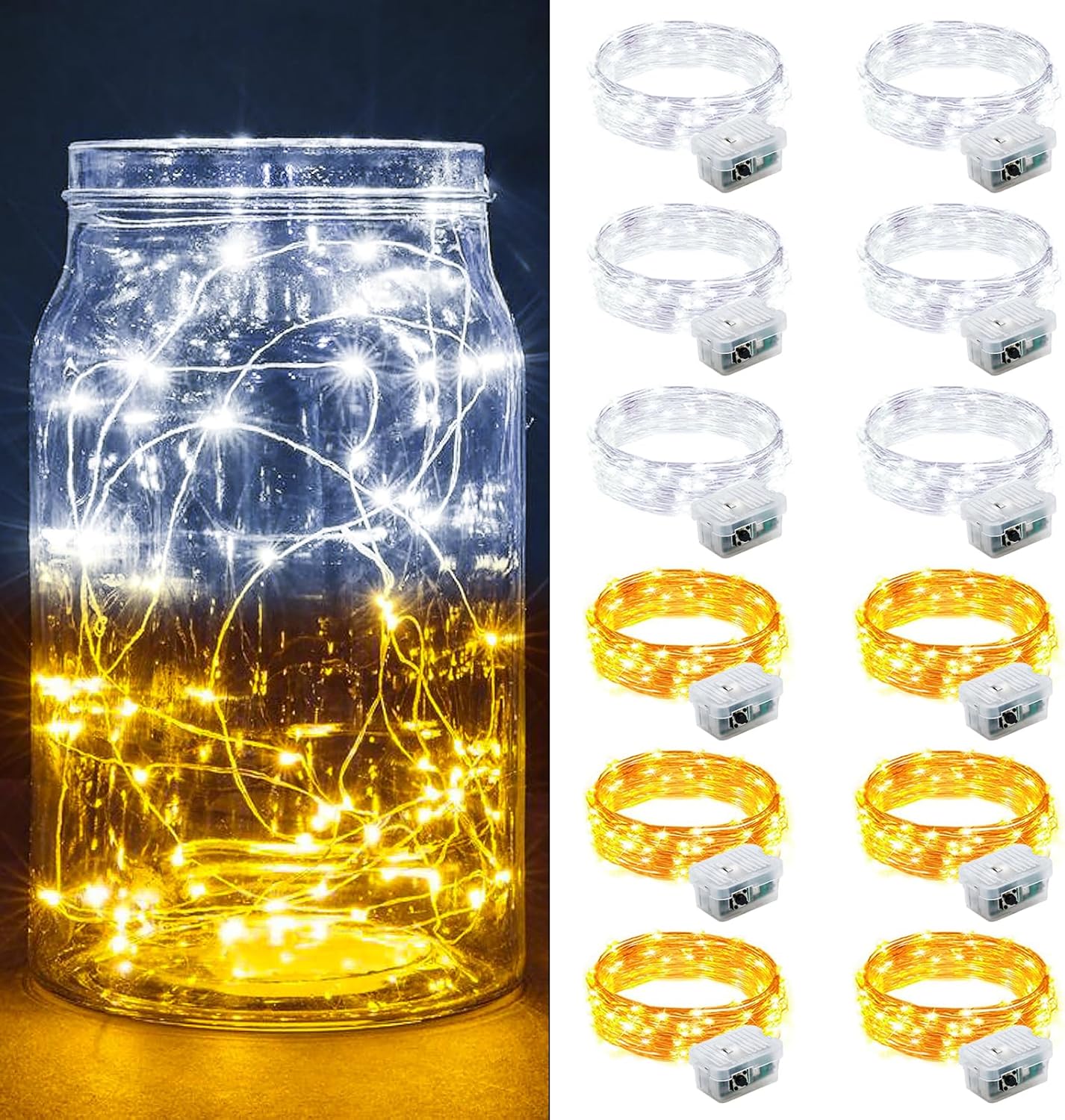 Skiennix 12 Pack Fairy Lights - 7Ft 20 LED Twinkle String Lights | Waterproof & Battery Operated for Weddings, Parties & Decor - Warm White & White