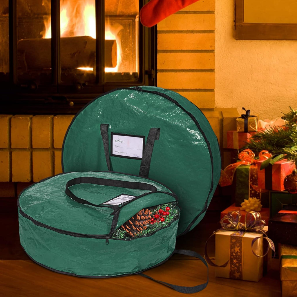 ProPik Christmas Wreath Storage Bag - 30" Tear-Resistant Holiday Container with Heavy-Duty Handles | 2 Pack, Green