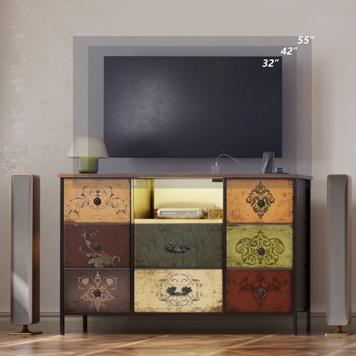 VASICAR Pattern Dresser with LED Lights and Power Outlets, Dresser TV Stand with 8 Drawers for 55" TV, Fabric Chest of Drawers for Bedroom, Living Room, Entryway