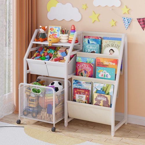 Kids Bookshelf and Toy Storage Organizer - 3 Tier Book Shelf for Kids Rooms with Movable Drawer, Kid Bookcase with 2 Toy Bins, Toddler Baby Childrens Bookshelf, for Bedroom Playroom Classroom (White)