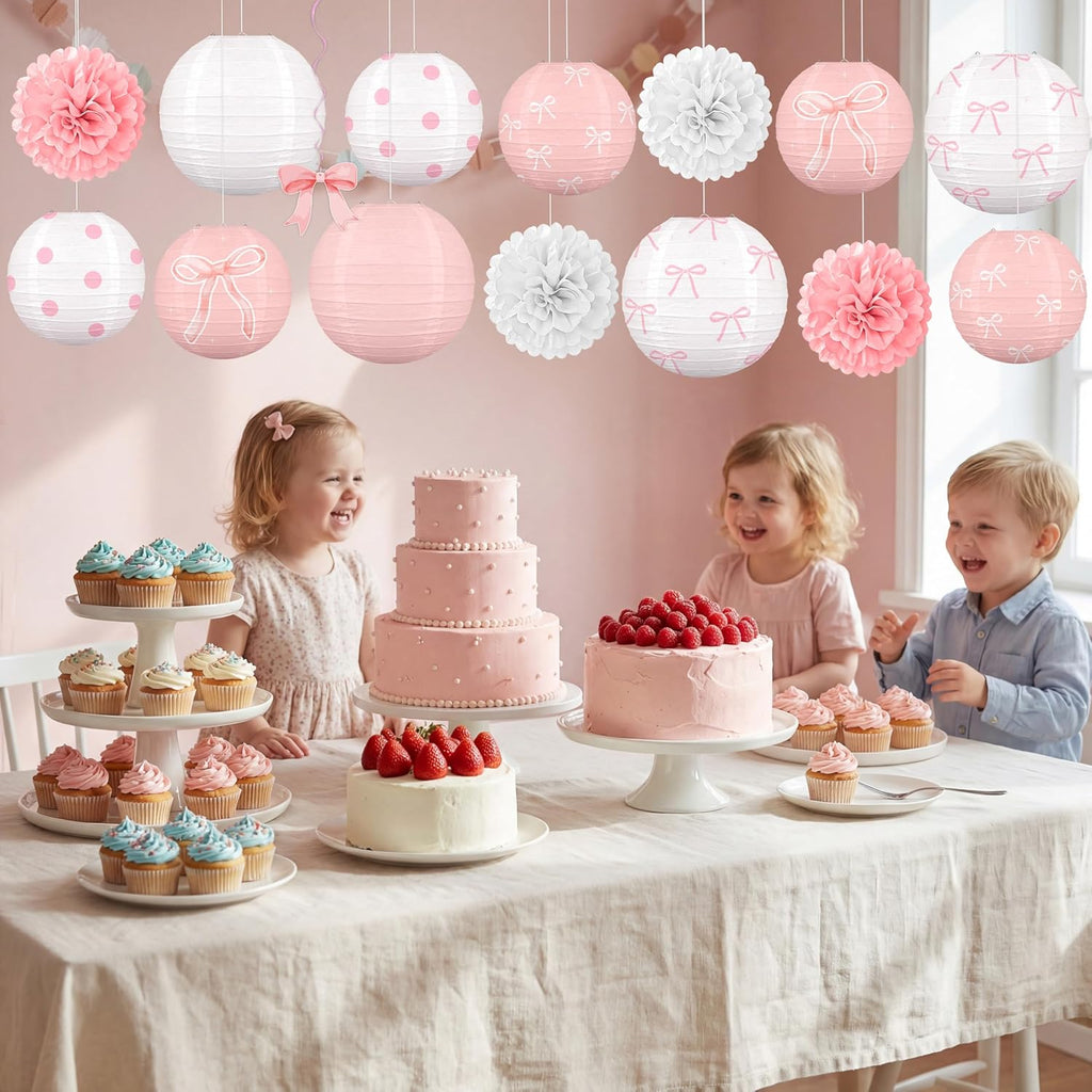 Skiennix 15-Piece Pink Bow Birthday Party Decorations - Paper Lanterns for Girls' Baby Showers