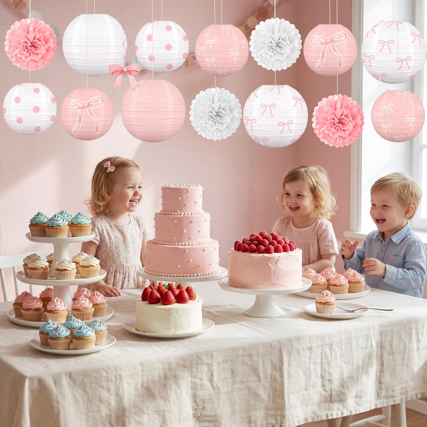 Skiennix 15-Piece Pink Bow Birthday Party Decorations - Paper Lanterns for Girls' Baby Showers