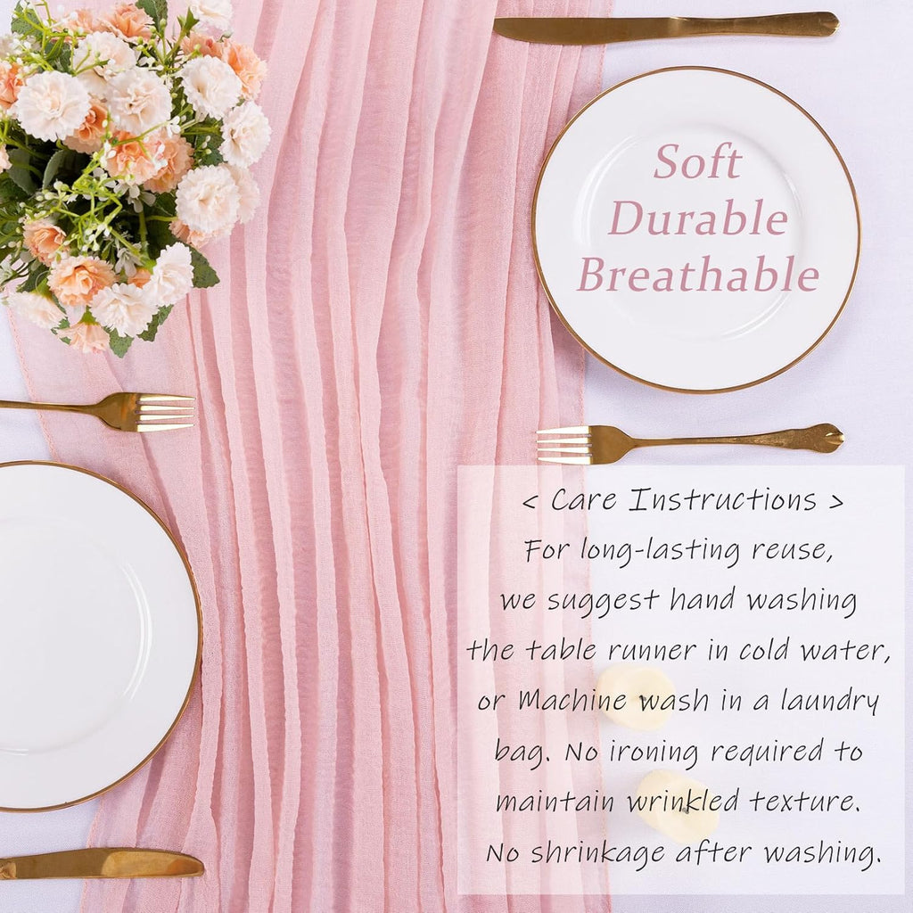 Skiennix Blushing Pink Cheesecloth Table Runner - 10ft Boho Rustic Decor for Weddings & Events | 32x120 Inches