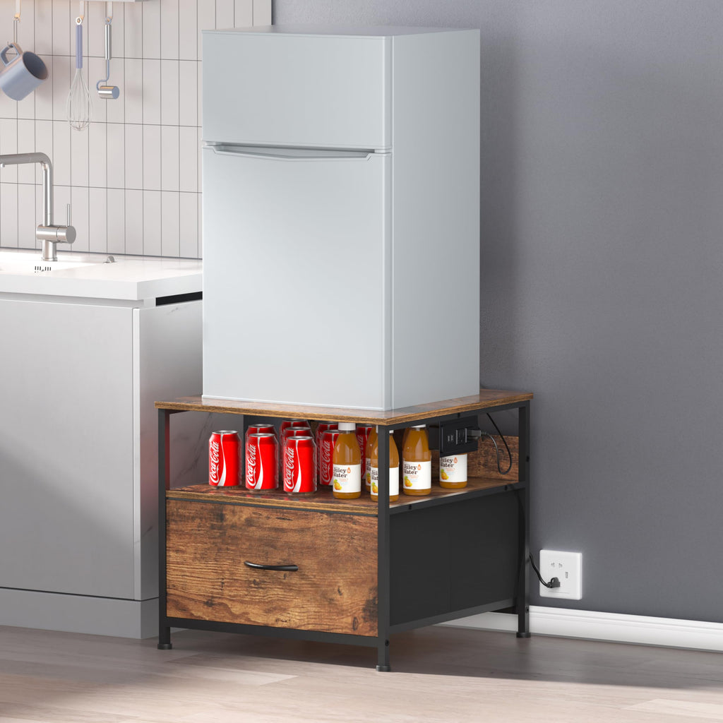 Unionly 180 lb Mini fridge Table with Drawer fridge Shelf, Smal fridge cabinet with storage,Heavy Duty Mini Fridge Standwith Charging Station, 4 Adjustable Feet for Home Kitchen Rustic Brown