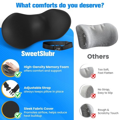 SweetSlubr Lumbar Support Pillow for Office Chair - Memory Foam Lumbar Pillow with Detachable Strap & Breathable Cover, Ergonomic Back Support for Office Chair, Car, Bed Rest (Black)