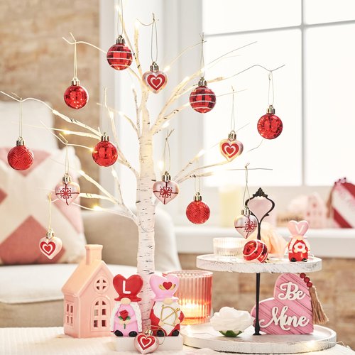 Valery Madelyn 16Pcs Valentines Heart Shaped Ornaments Gift Pack, Christmas Craft Painted Tree Decorations, Red Pink Silver Christmas Baubles Hanging Party Wedding Anniversary Decor 1.57 Inches