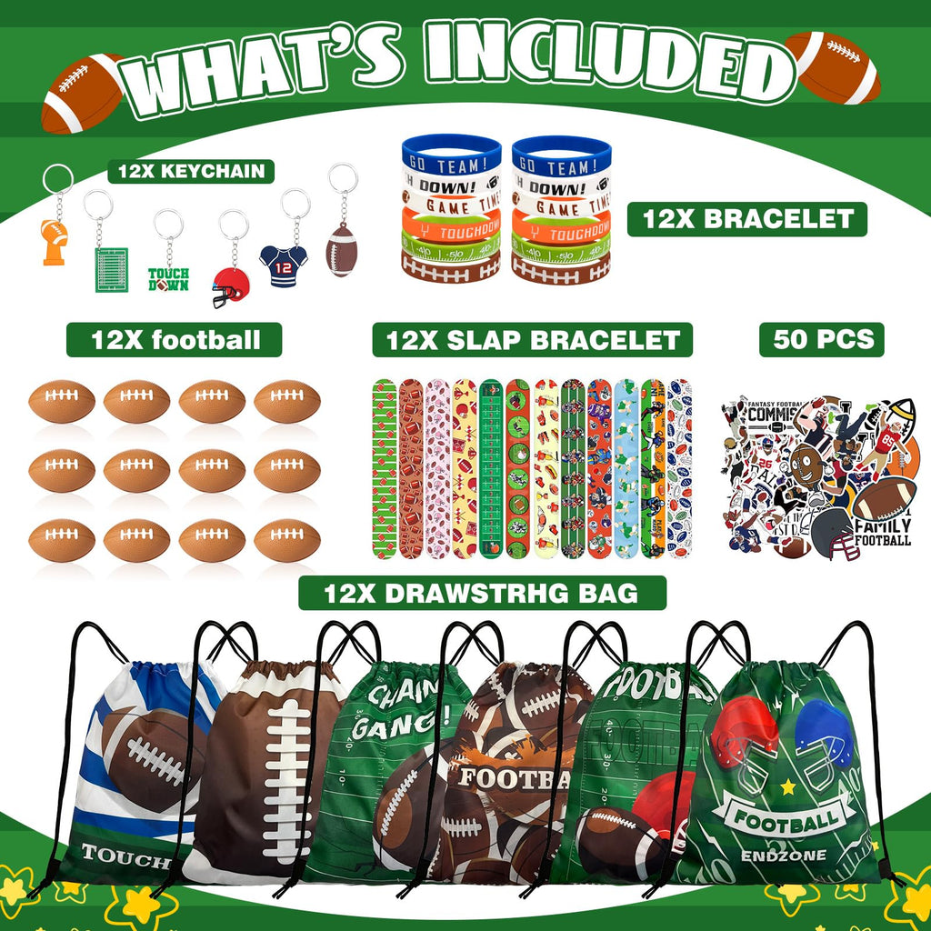 Yeepestmi 110Pcs Football Party Favors Drawstring Bags Football Goodie Bag with Mini Ball, Wristband, Slap bracelets, Keychains, Stickers for Football Party Supplies