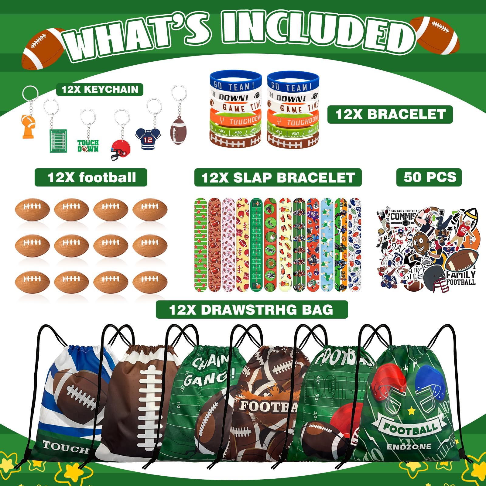 Yeepestmi 110Pcs Football Party Favors Drawstring Bags Football Goodie Bag with Mini Ball, Wristband, Slap bracelets, Keychains, Stickers for Football Party Supplies