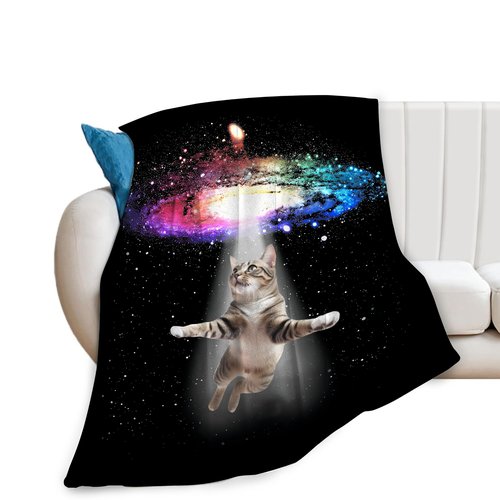 Funny Cat Blanket Space Cat Lover Gifts Throw Blankets for Girls Boys Adult Women Men Kids Plush Cozy Flannel Fleece Ultra Soft Fuzzy Nebula Galaxy Kitten Party Blanket 50"X40"