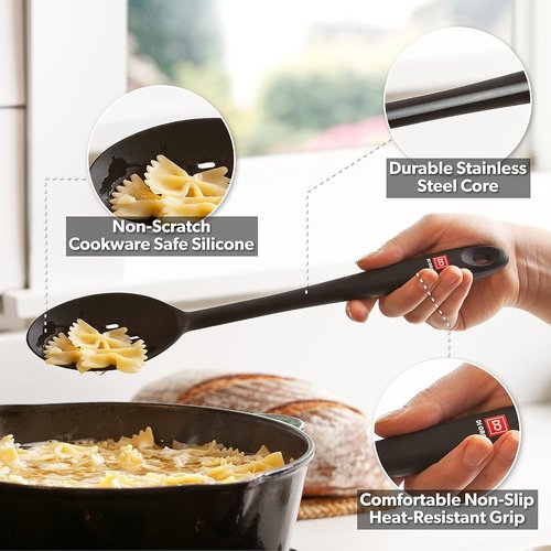 DI ORO Silicone Cooking Spoons - Heat-Resistant Kitchen Utensils for Mixing & Serving - 600°F, 2pc Black