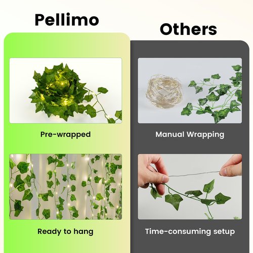Pellimo Vine Leaf with Fairy Lights, 23FT 73 LED Lighted Ivy Spring Garland Lights, Battery or USB Powered for Dorm Room, Bedroom & Creative Wall Decor, Warm White
