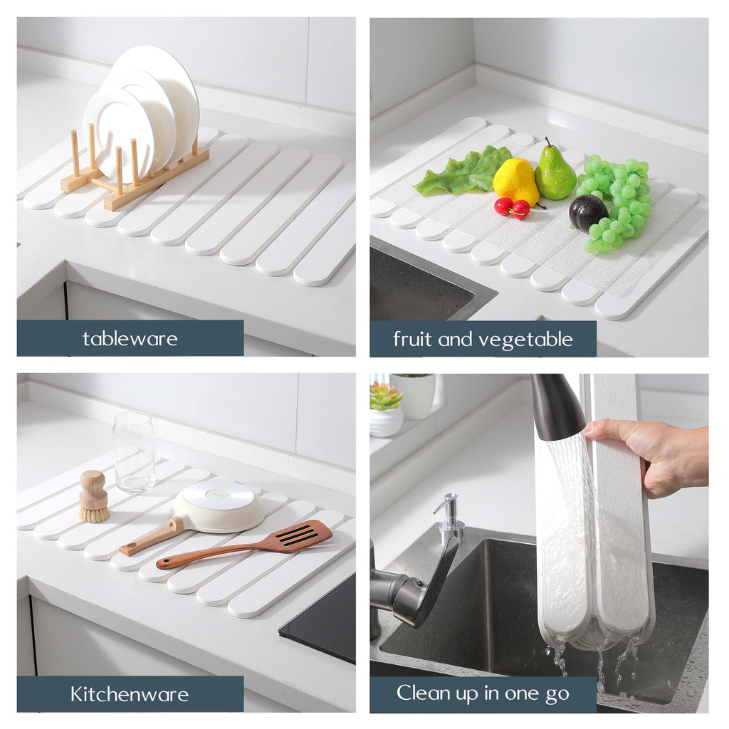 16"×12" White Stone Dish Drying Mats for Kitchen Counter, Large Quick Dry Collapsible Eco-Friendly Super Absorbent Diatomaceous Earth Heat-resistant Mat for Dishes Bottles Cups, Match Any Countertop