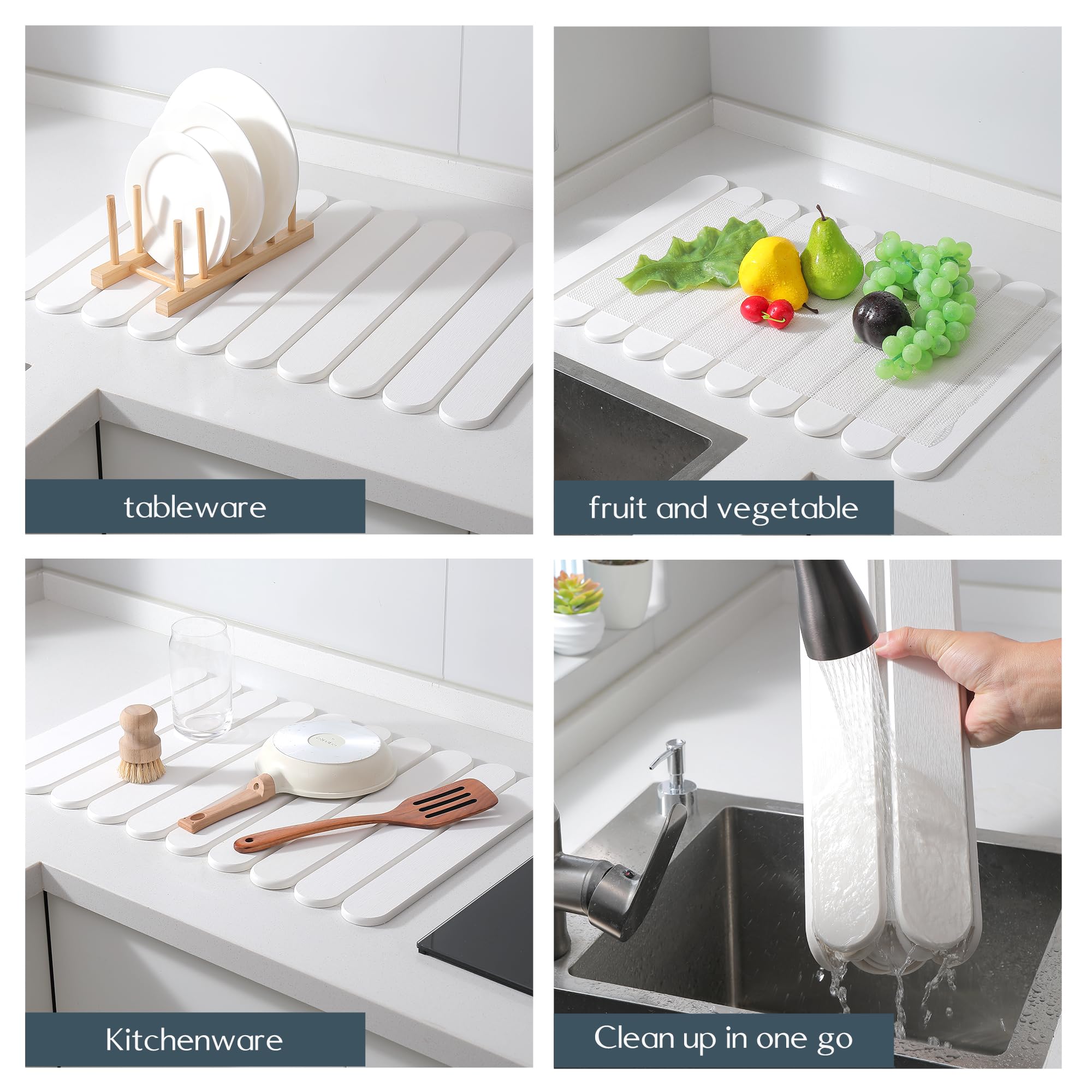 16"×12" White Stone Dish Drying Mats for Kitchen Counter, Large Quick Dry Collapsible Eco-Friendly Super Absorbent Diatomaceous Earth Heat-resistant Mat for Dishes Bottles Cups, Match Any Countertop