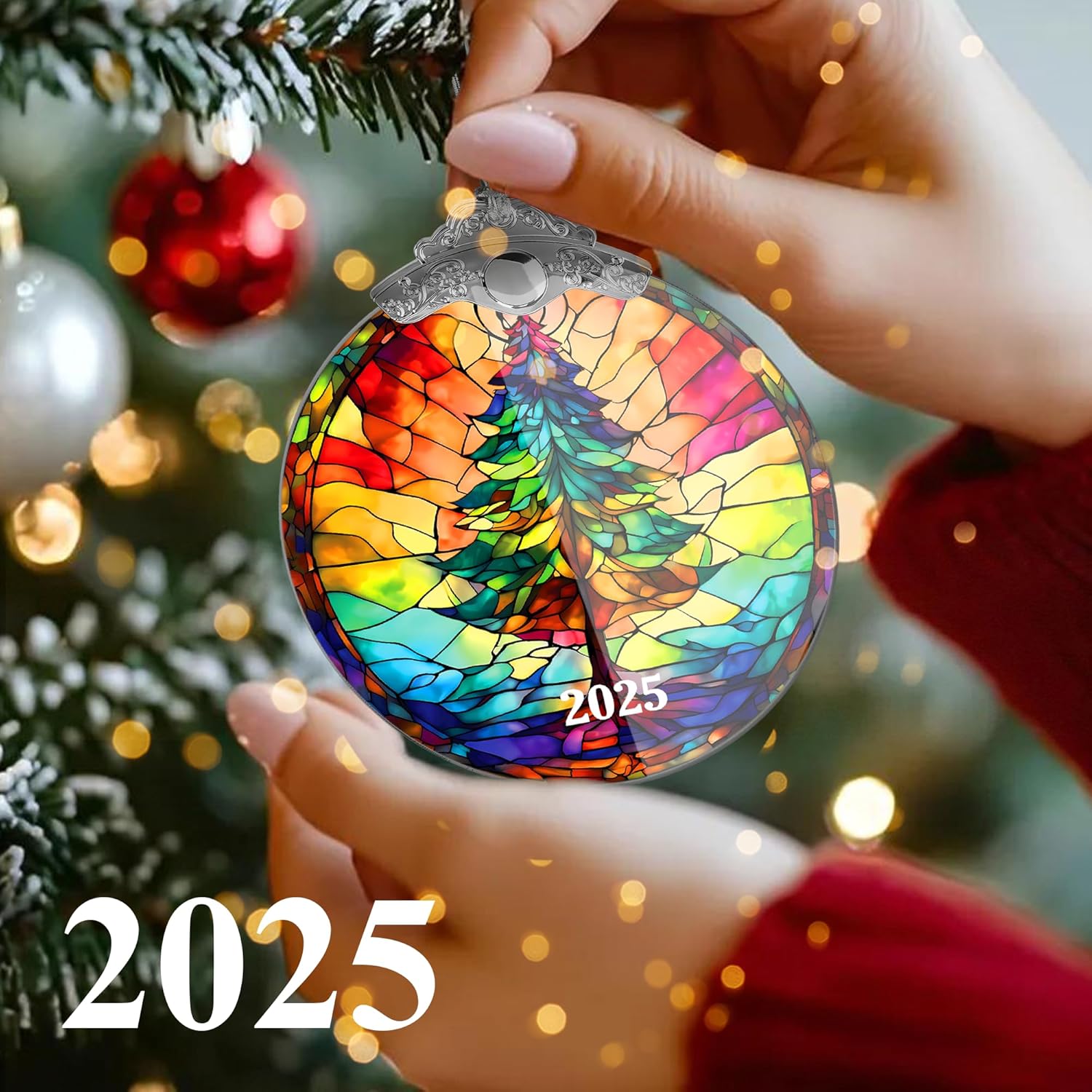 Stained Glass Effections Christmas Ornament - 2D Acrylic Art for Tree Decor | Perfect White Elephant Gift