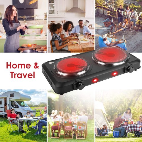 Zorpupoa Infrared Double Burner, 2000W Electric Hot Plate, Portable Heating Cooking Stove, Countertop Burner with 7.5” & 6.3” Glass Plate Electric Cooktop with Stepless Temperature Adjustments