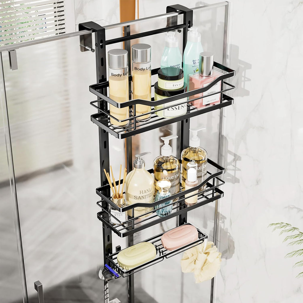 SWTYMIKI Over The Door Shower Caddy - 3 Tier Adjustable Organizer with Soap Holder | No Drilling Stainless Steel, Black
