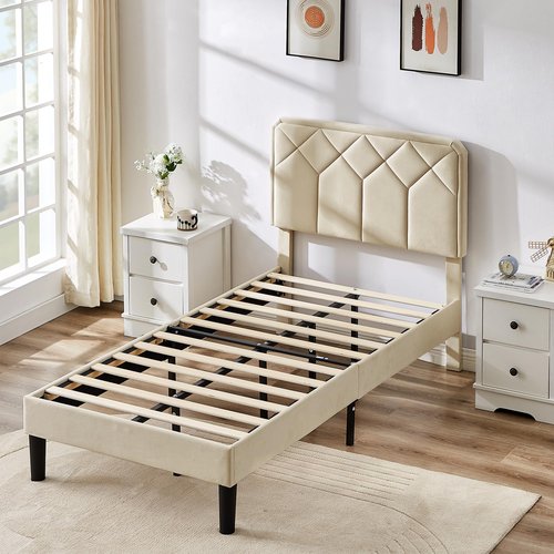 VECELO Twin Size Bed Frame Premium Velvet Upholstered Platform with Height Adjustable Headboard/Mattress Foundation, Solid Wooden Slat Support, No Box Spring Needed/Easy Assembly