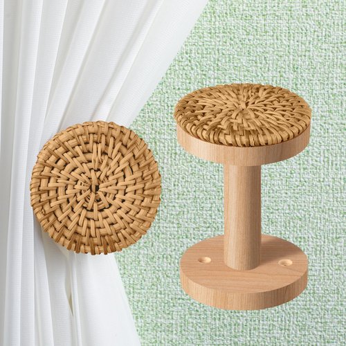 Leinuosen 2 Pack Boho Curtain Holdbacks Rattan Tiebacks Coastal Curtain Holdbacks for Curtains Wall Mounted Nautical Ocean Wooden Drapery Hook Rustic for Summer Home Office Bedroom Window(Round)