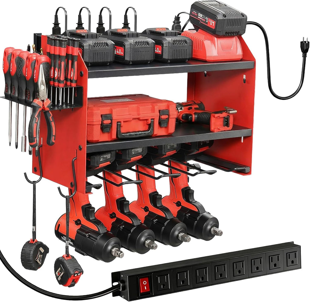 Power Tool Organizer by [Brand Name] - Heavy Duty Wall Mount with Charging Station | 3-Layer Storage & 4 Drill Holders