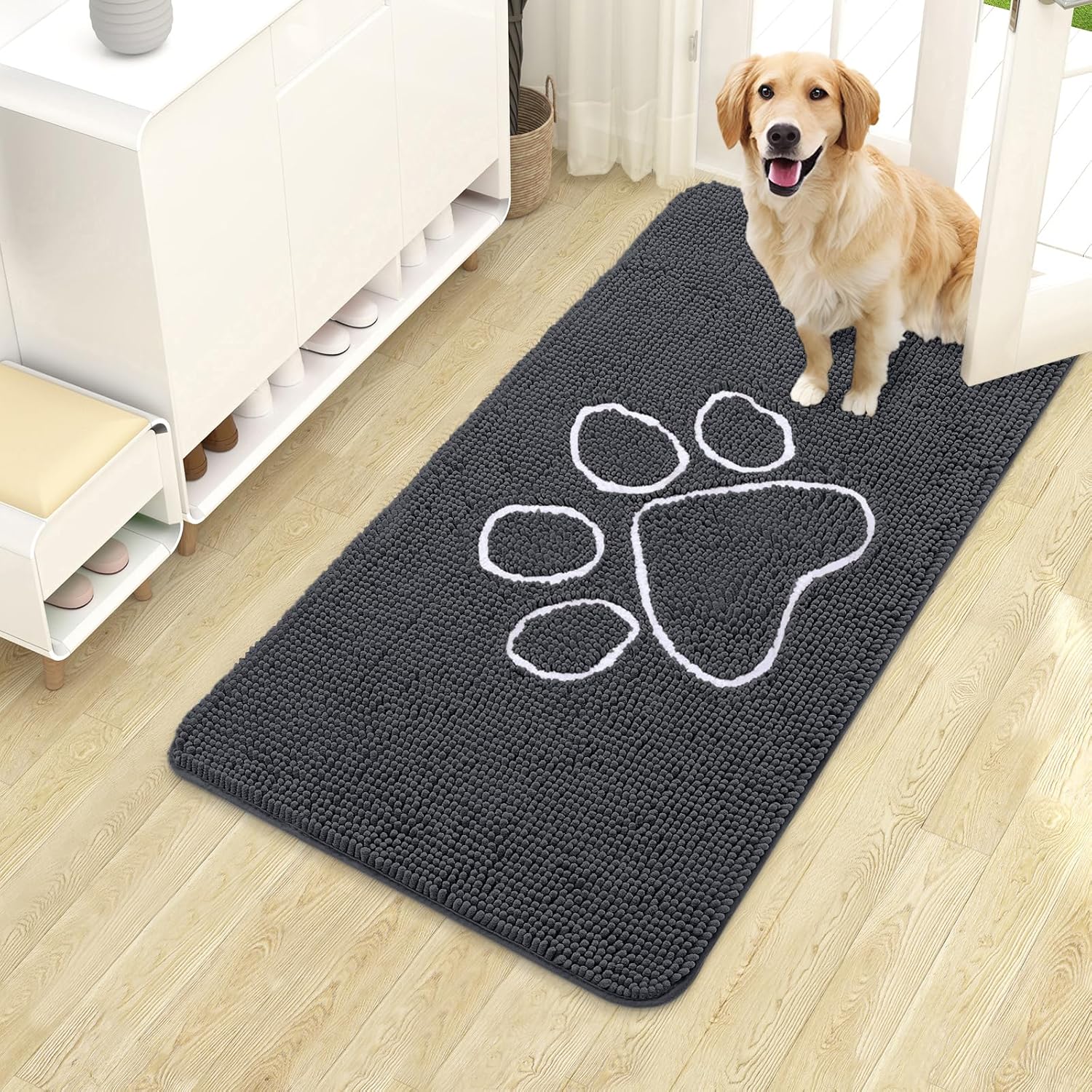OLANLY Dog Door Mat - Absorbent Non-Slip Mud Mat for Paws | 40x24 Dark Grey Chenille Design
