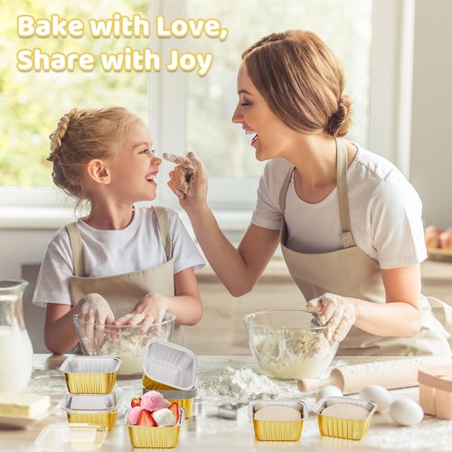 40 Pack 5 OZ Mini Cake Pans with Lids, Disposable Square Aluminum Foil Brownie Baking Cups, Mini Aluminum Foil Cupcake Muffin Tin Ramekins, Flan Molds Cake Containers for Wedding Birthday Party,Gold