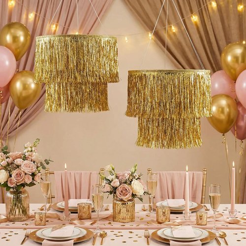 Rossesay 2 Pcs 2 Tier Fringe Tinsel Chandelier Iridescent Foil Party Disco Ball Decor Chandelier Decoration Metallic Foil Shimmering Bachelorette Party Decor Photo Booth Supplies(Gold)