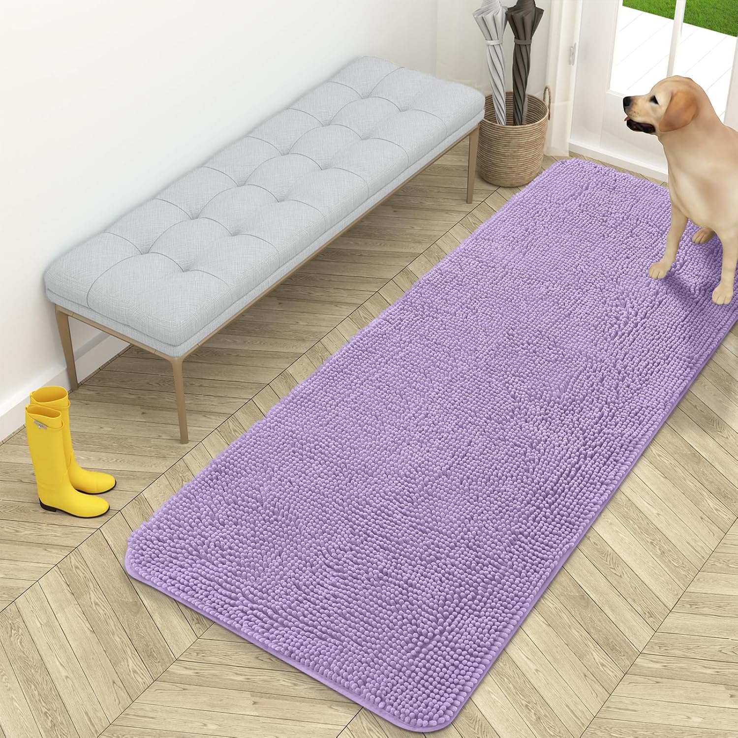 OLANLY Dog Door Mat - Absorbent Non-Slip Mud Mat for Dogs | 59x24 Inches, Quick Dry Chenille, Lavender