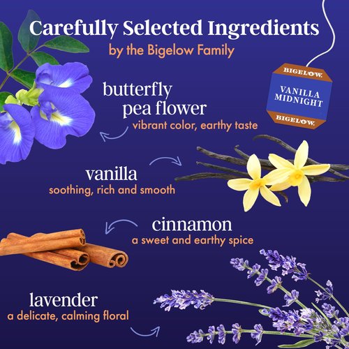 Bigelow Tea Vanilla Midnight Butterfly Pea Flower, Caffeine Free (Pack of 6), 108 Total Tea Bags