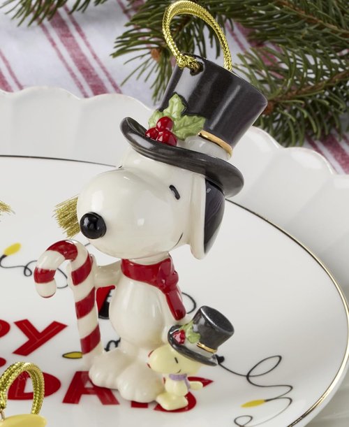 Lenox Snoopy & Woodstock Candy Cane Ornament - Porcelain Christmas Decoration with Gold Cord (1 Piece)