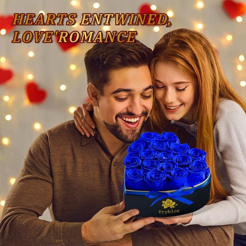 Vryblos Forever Blue Roses in a Box Heart Shaped 16 Preserved Flowers for Delivery Grade A Quality 100% Real Immortal Flower Eternal Birthday for Her Mom Women Wife Girlfriends (Heart-Blue)