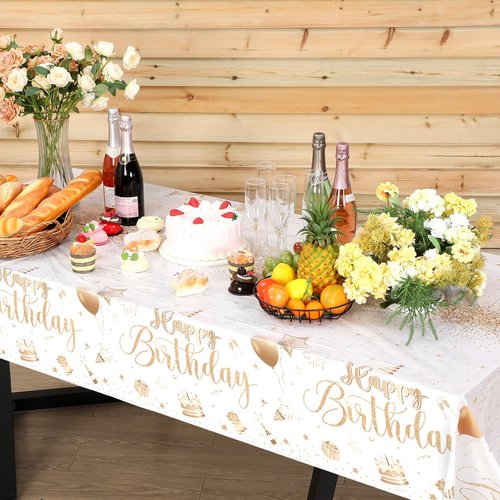 Tudomro 3 Pcs Happy Birthday Tablecloths Happy Birthday Party Decorations Plastic Table Cover Rectangular Cloths for Women Men Baby Shower Party Supplies, 108 x 54 Inch (Champagne)