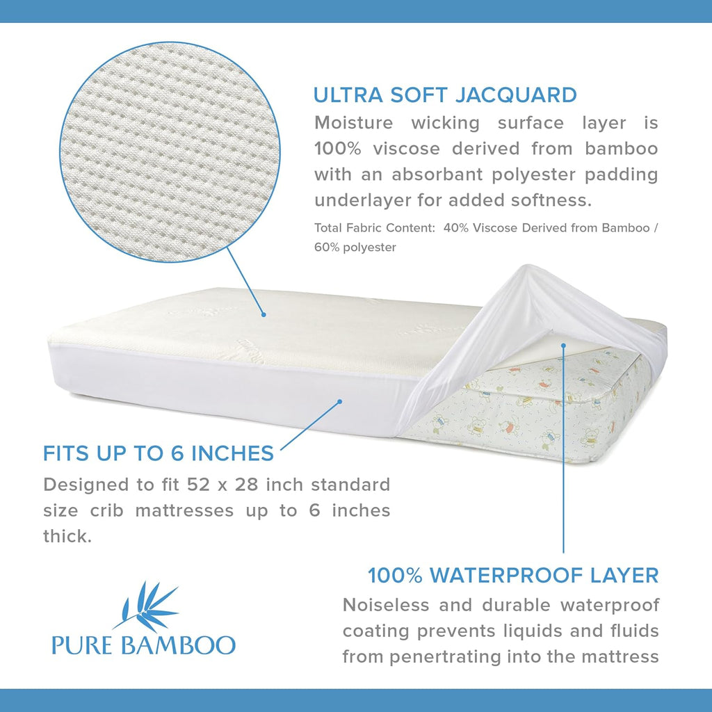 Pure Bamboo Waterproof Crib Mattress Protector - Breathable, Noiseless Cover Fits 52x28x6 Inch