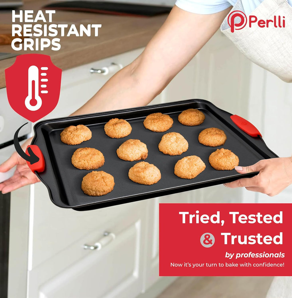 PERLLI Non-Stick Baking Pan Set - 3-Piece BPA-Free Carbon Steel Bakeware with Silicone Handles | Oven Safe Up to 446°F