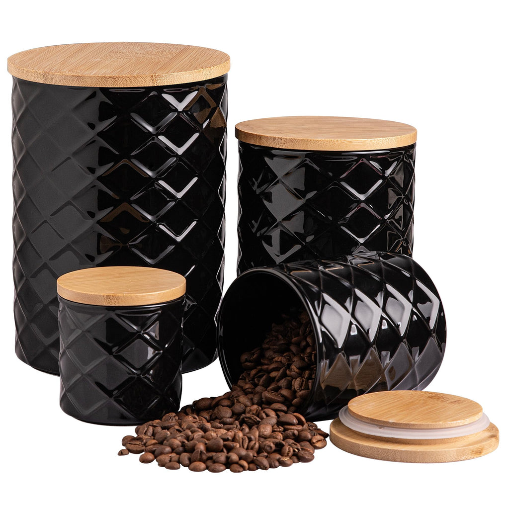 Sweejar Ceramic Canisters Sets for Kitchen Countertop, Relief Food Storage Jar with Bamboo Lid, Stackable Container for Flour, Coffee, Pasta, Cereal, Tea, Sugar, Spices, Pack of 4 (Walnut White)