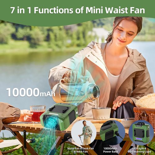 CHARMPㅤ Waist Fan - 10000mAh Rechargeable, 24H Cooling, 16000RPM Strong Airflow, 3-Speed Portable Belt Fan with LED SOS & Red-blue Warning Light for Jobsite, Camping, Travel, Farming