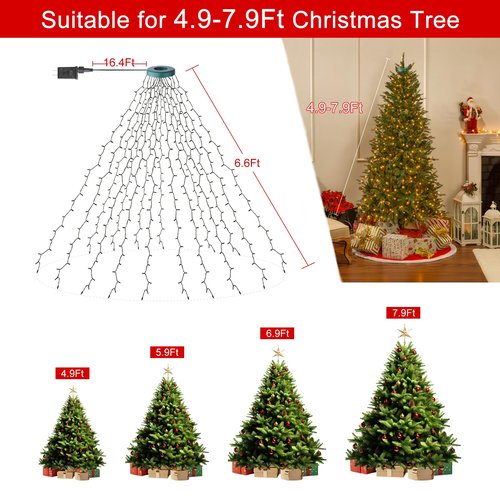 TOPPORTED 400 LEDs Christmas Tree Lights,LED Christmas Lights with 8 Light Modes,Timer& Memory Function,Remote Control,16 Strands 6.6FT String Light for Wedding,Home Party,Xmas Tree Decor,Warm White
