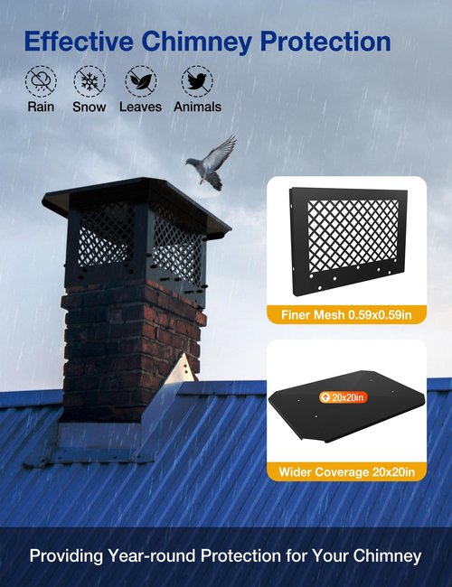 Hahaemall Chimney Cap, 14" x 14" Chimney Cover, Chimney Rain Caps, Adjustable Fireplace Chimney Caps for Outside to Fit Existing Clay Flue Tile Sizes, Black
