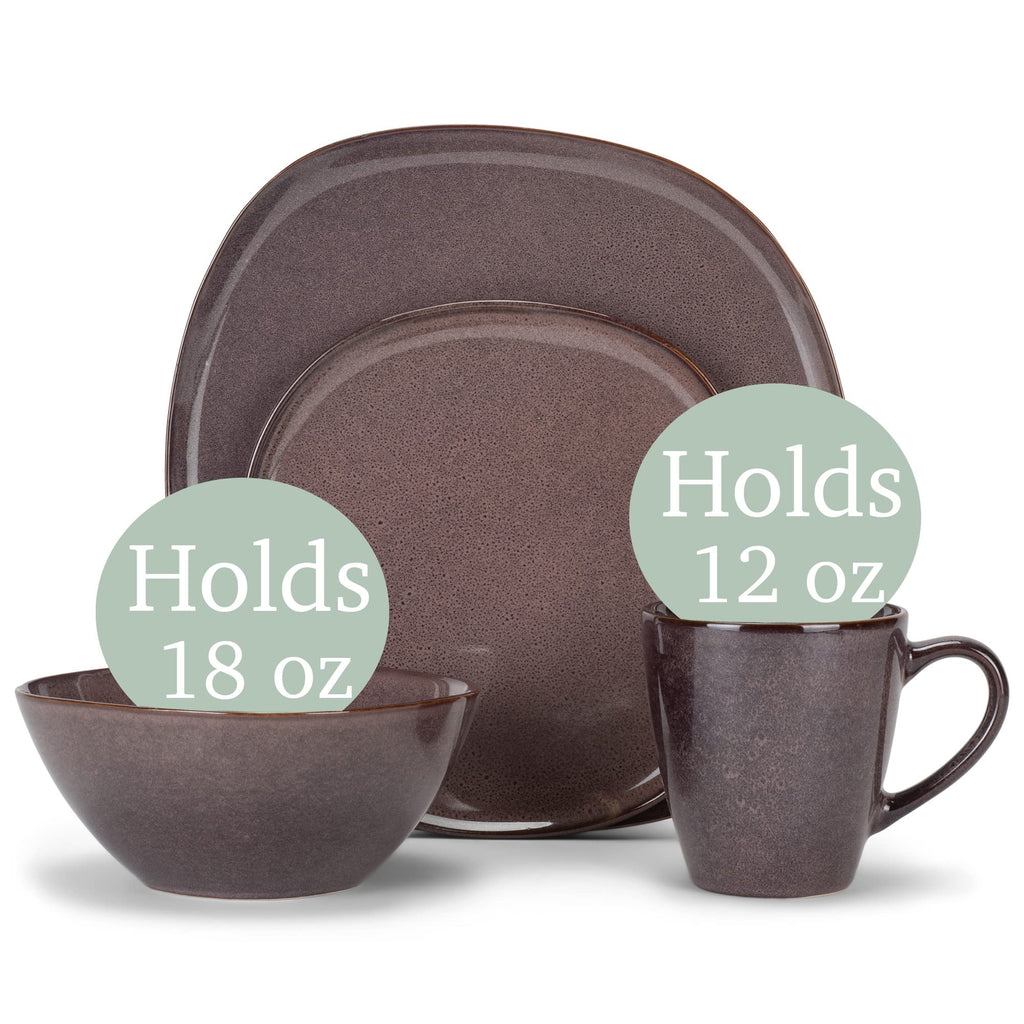 Elanze Designs 16-Piece Modern Luxury Chic Smooth Vintage Handmade Shape High Gloss Ceramic Stoneware Square Plate Mug & Bowl Kitchen Dinnerware 16 Piece Set - Service for 4, Plum Purple