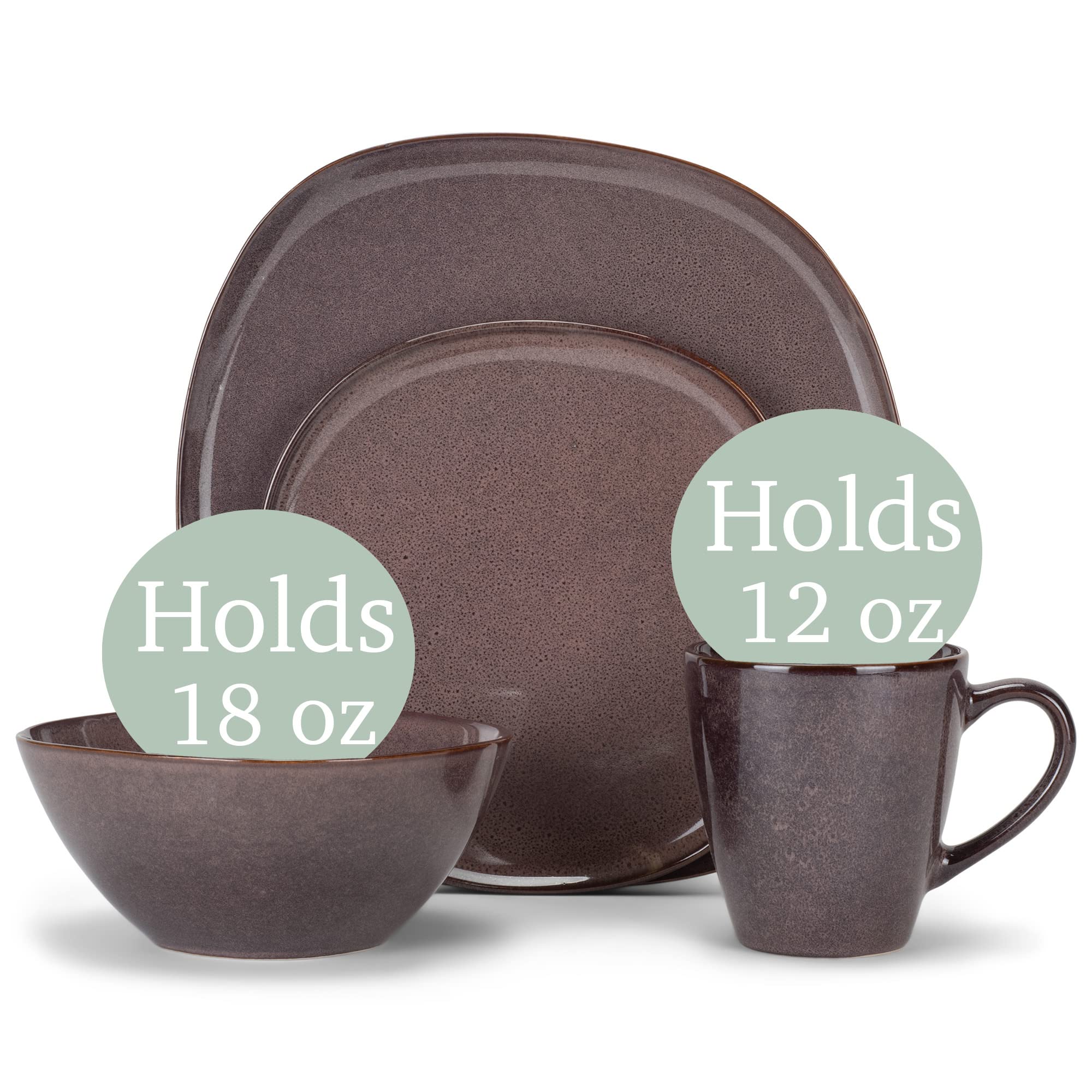 Elanze Designs 16-Piece Modern Luxury Chic Smooth Vintage Handmade Shape High Gloss Ceramic Stoneware Square Plate Mug & Bowl Kitchen Dinnerware 16 Piece Set - Service for 4, Plum Purple